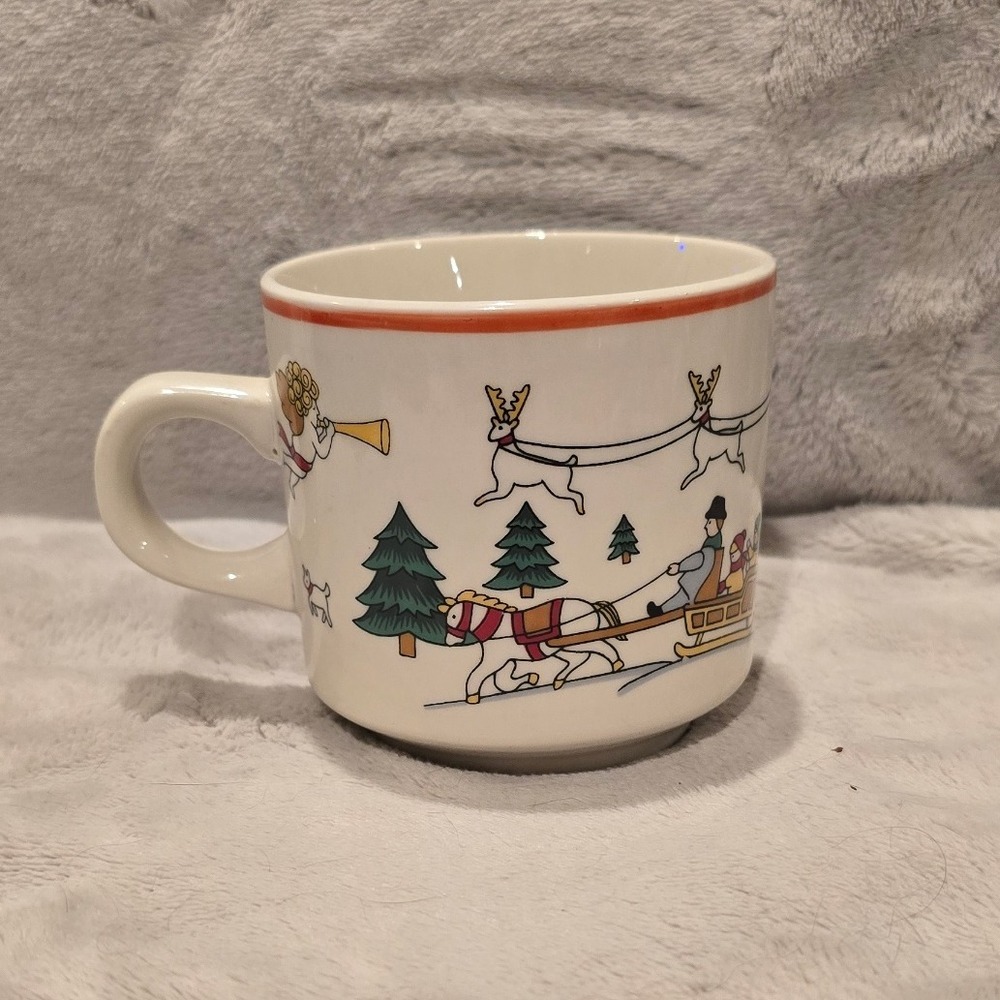 The Joy of Christmas Mug Jamestown China Santa Sleigh‎ Reindeer Angel Design